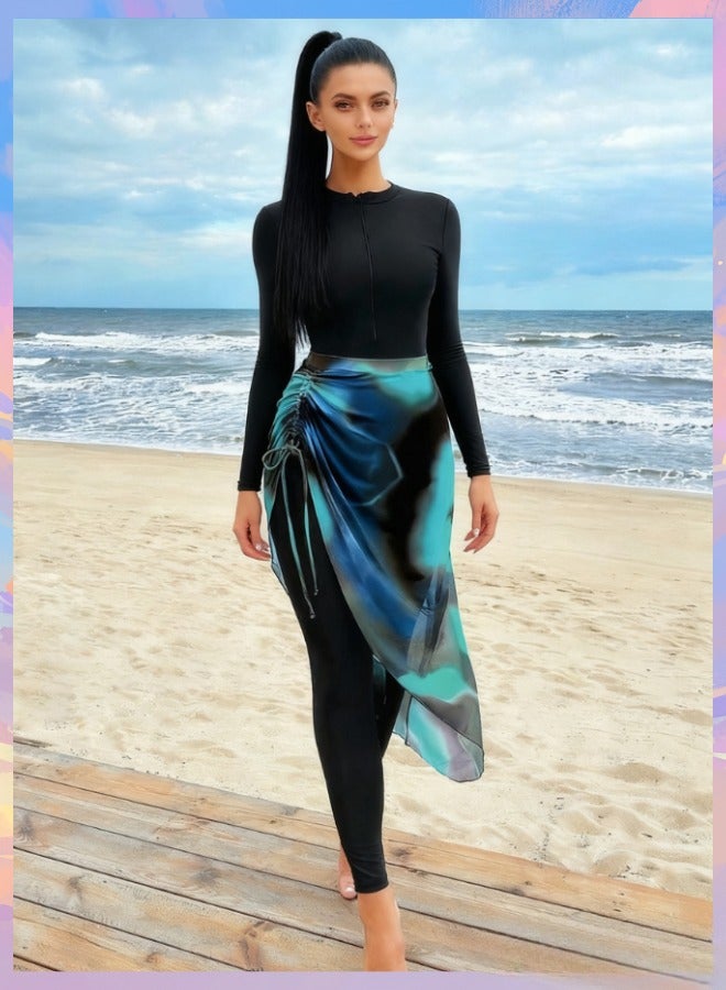 Fianser Swimsuits Set 3-Piece Swimwear With Long Chiffon Skirt Long Sleeve Burkini Beachwear Modest Fashion Conservative Sun UV Protection Diving Suit Surfing Suit Quick Dry Swimming Costume Zipper Long Pants - Image 1